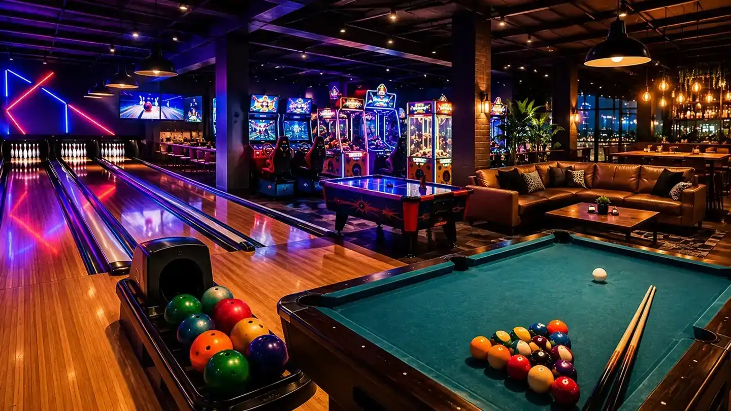 Indoor entertainment space with bowling lanes, arcade games, pool table, cozy seating, and vibrant neon lighting.