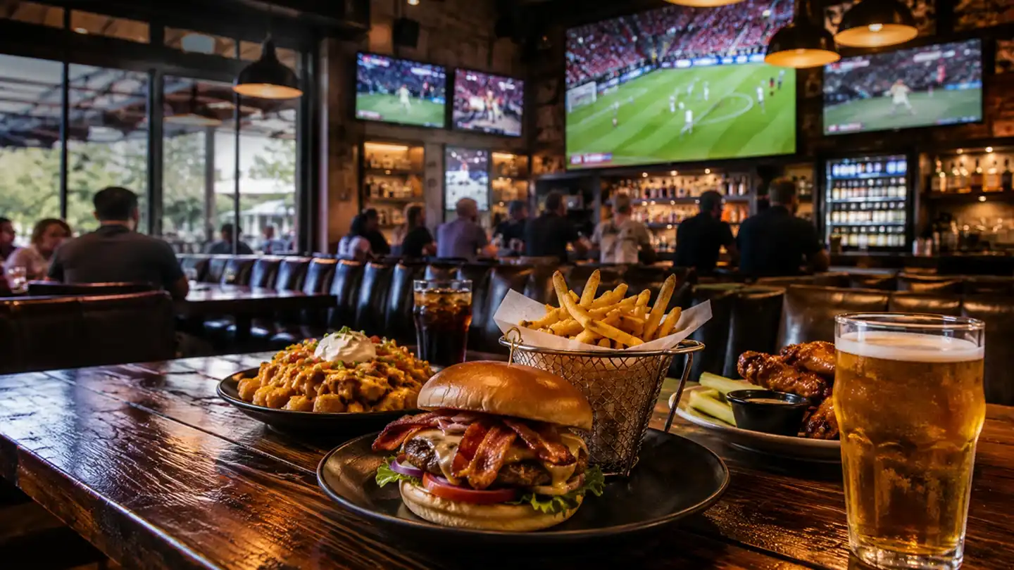 Burger, fries, wings, and a beer on a wooden table in a sports bar with patrons watching soccer on multiple TVs.