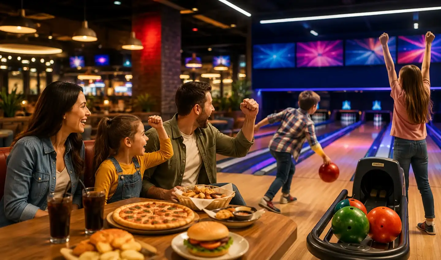 Family cheering while watching children bowl at a bowling alley, with pizza, burger, and drinks on the table nearby.