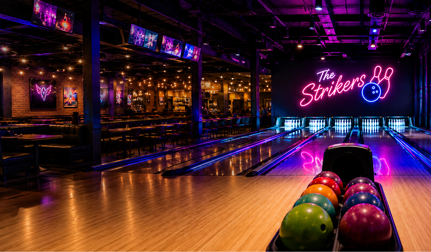 Bowling alley in Auckland NZ with modern lanes, arcade games, food, drinks, and fun for everyone at The Strikers